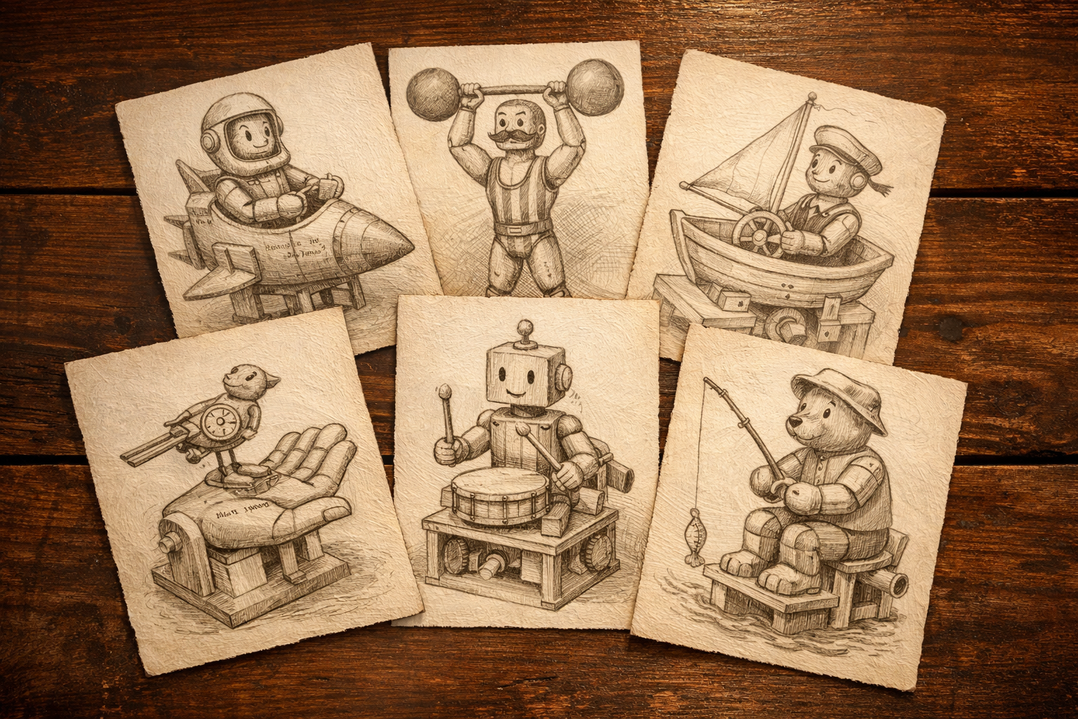Postcard set — automata drawings